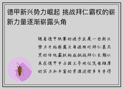 德甲新兴势力崛起 挑战拜仁霸权的崭新力量逐渐崭露头角