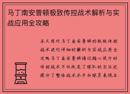 马丁南安普顿极致传控战术解析与实战应用全攻略
