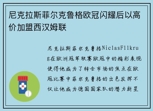 尼克拉斯菲尔克鲁格欧冠闪耀后以高价加盟西汉姆联